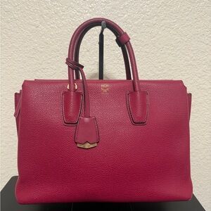 MCM Wine Red Pebbled Leather Top-Handle Satchel